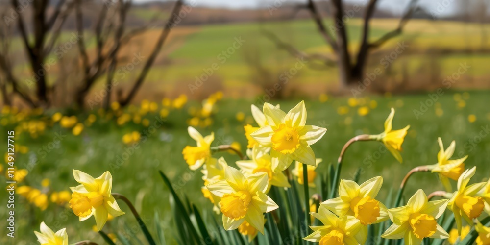 Fototapeta premium Vibrant daffodil flowers glowing in a picturesque field filled with yellow blooms and green foliage, growth, freshness