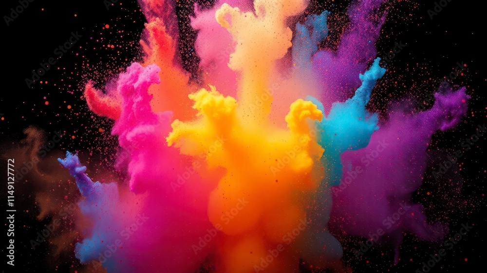 Fototapeta premium Vibrant explosion of colored powder against dark backdrop, particles, festive event
