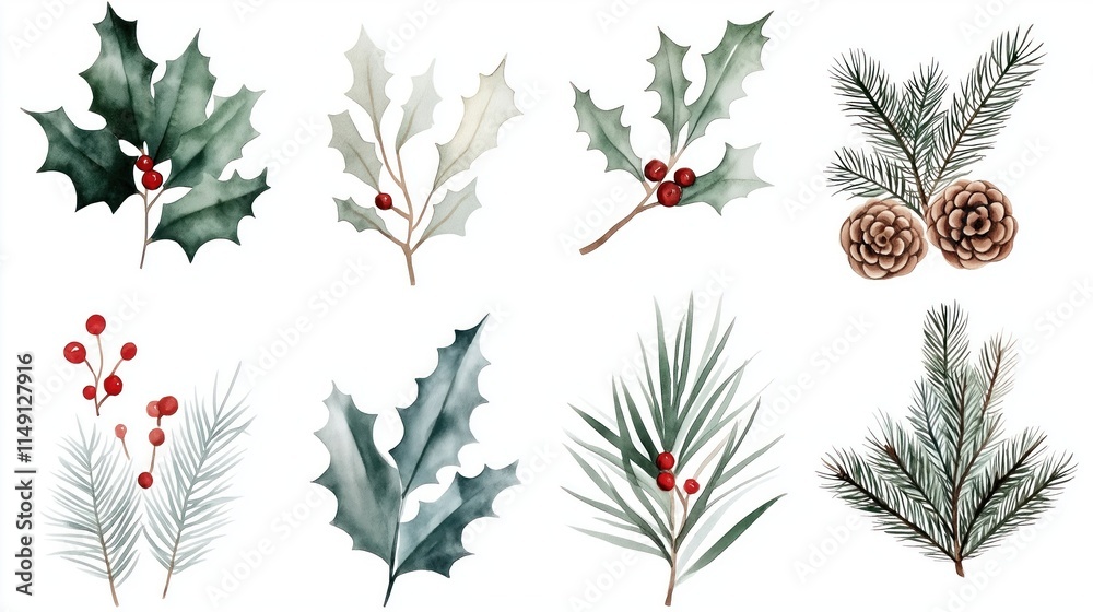 Hand-painted watercolor illustration shows winter foliage, holly elements. Greenery like holly leaves, pine branches with red berries, pinecones arranged artistically on white background. Botanical Hand-painted watercolor illustration shows winter foliage, holly elements. Greenery like holly leaves, pine branches with red berries, pinecones arranged artistically on white background. Botanical