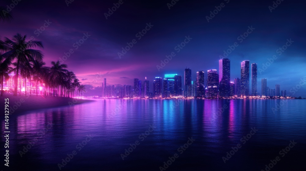 Obraz premium Neon Cityscape at Dusk with Palm Trees and Reflections on Calm Water in a Vibrant Urban Environment
