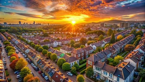 London Sunrise: Aerial View of Residential Neighborhood - Stock Photo