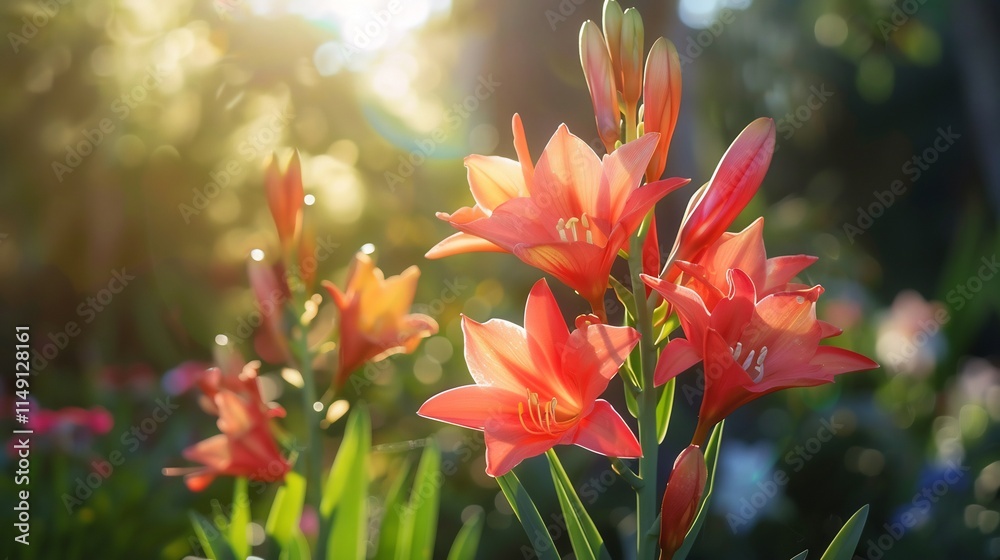 Sunlit Coral Lilies in a Garden