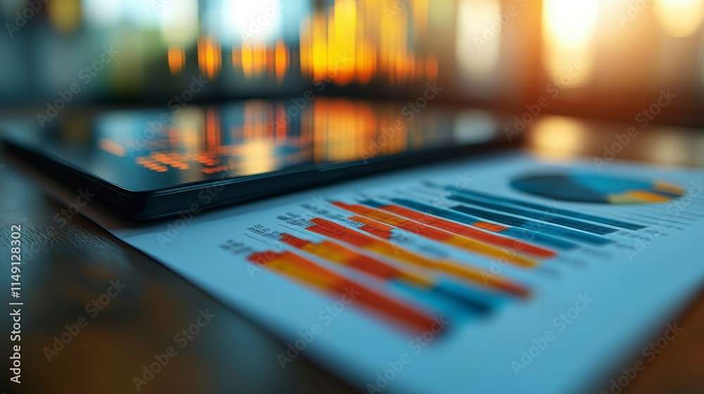 A table background featuring a business document on paper and a tablet with financial sales data and growth graphs, symbolizing analysis and tracking of business growth. A table background featuring a business document on paper and a tablet with financial sales data and growth graphs, symbolizing analysis and tracking of business growth.