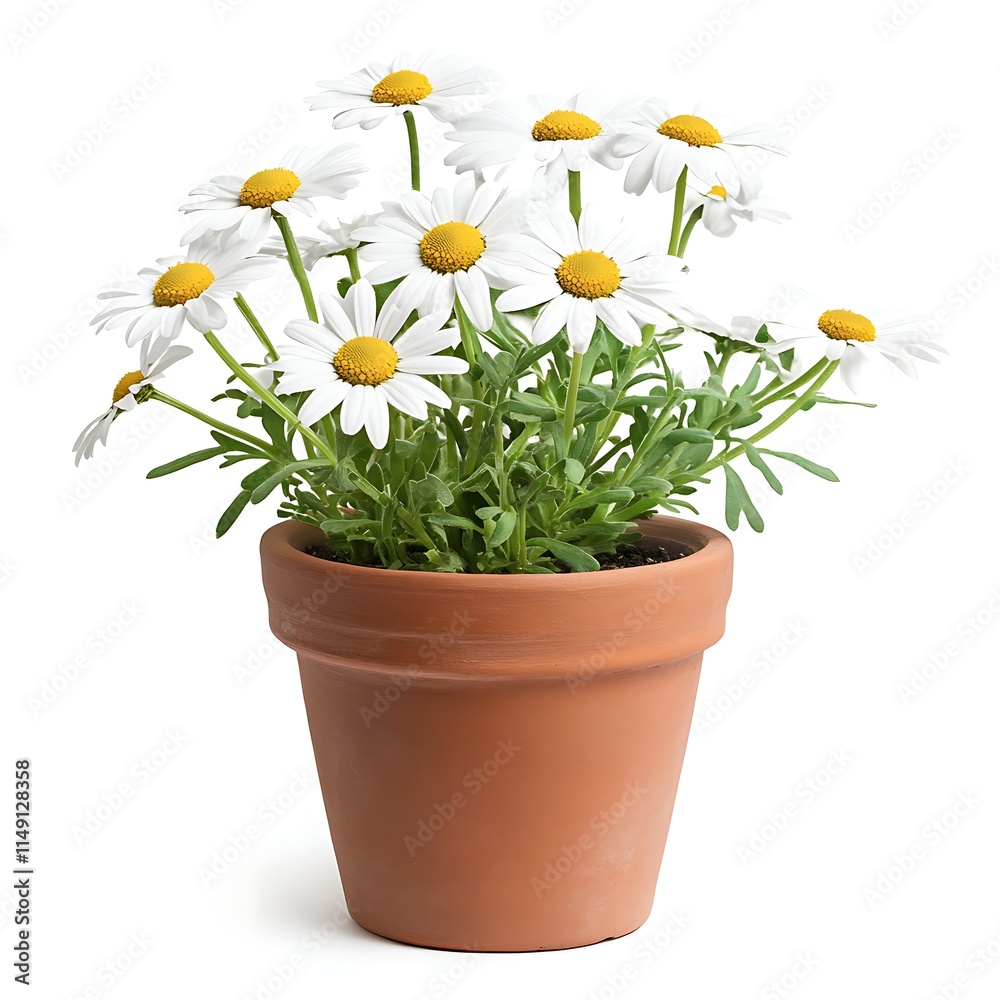 white daisy plant in a small clay pot isolated on white background white daisy plant in a small clay pot isolated on white background