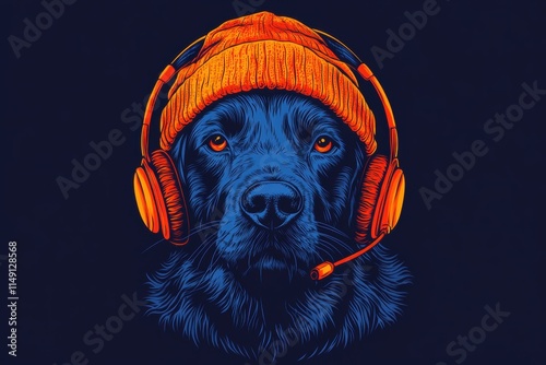 Stylish Dog Wearing Headphones and Beanie Captured in a Bold, Artistic Design with Vivid Colors, Ideal for Music Enthusiasts and Pet Lovers Alike photo