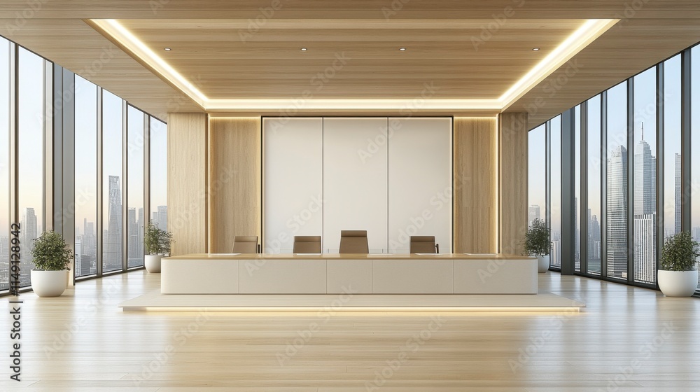 Fototapeta premium A soft-focus image of an office interior, with an abstract blurred effect, ideal for use as a background in business presentations or corporate concept visuals.