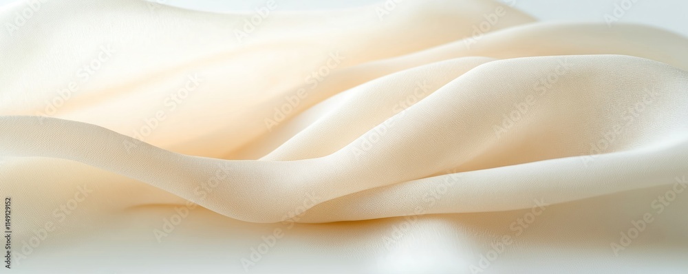 Fototapeta premium Closeup view of soft cream-colored Tencel fabric draped over table. Fabric shows smooth texture, subtle light reflections luxurious finish. Natural light drape, folds in fabric. Sustainable material