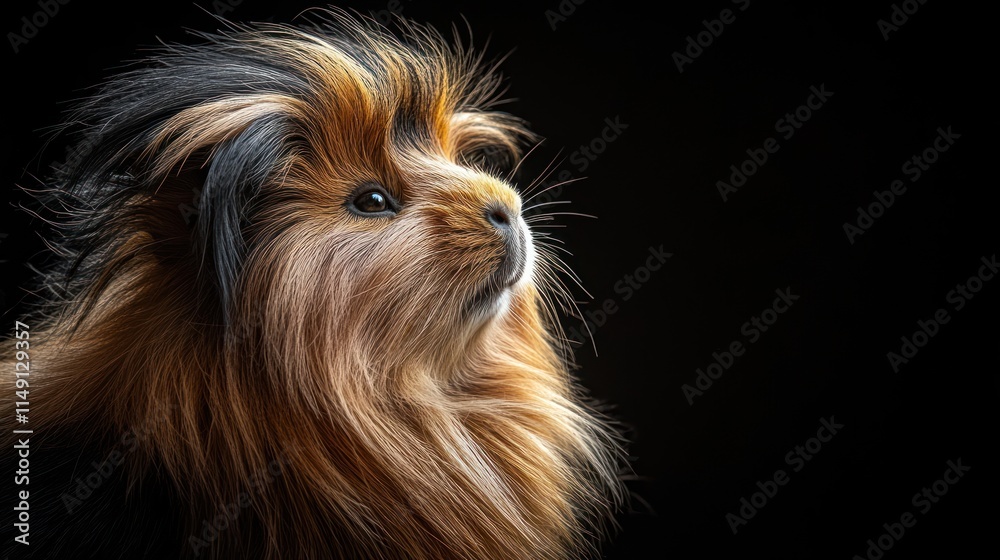 Naklejka premium A close-up portrait of a fluffy dog with striking fur against a dark background.