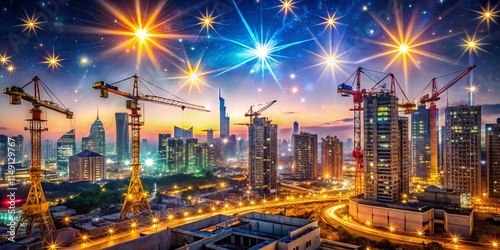 Wallpaper Mural Long Exposure Cityscape: Construction Cranes & Skyscrapers at Night Torontodigital.ca