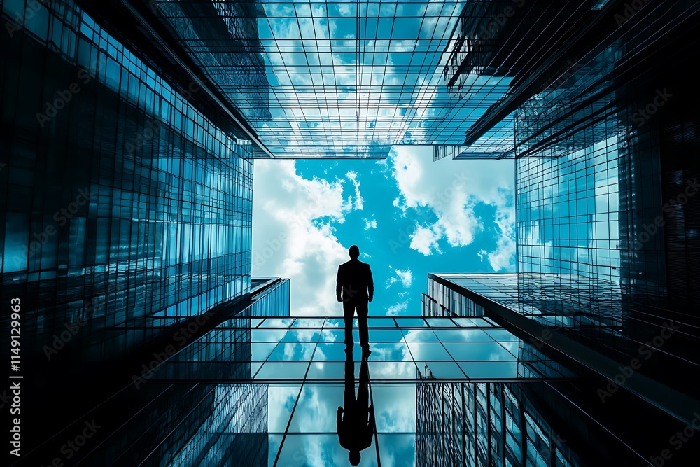 Obraz premium Businessman on a glass rooftop, looking at the sky. Concept of leadership, ambition, and success.