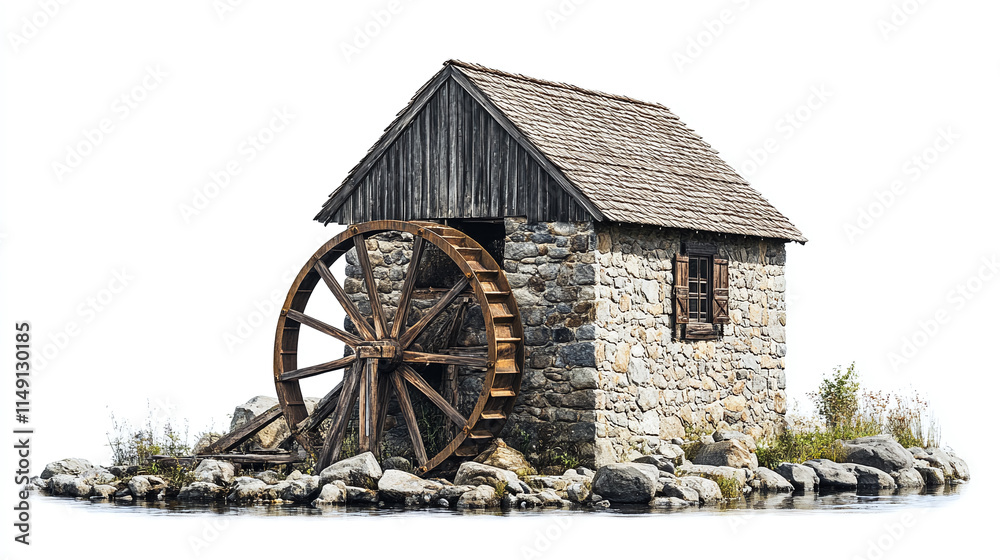 Obraz premium Old wooden stone water mill wheel isolated on white background. vintage traditional countryside village building, river wind power energy rural retro turbine, agriculture industry creek house.
