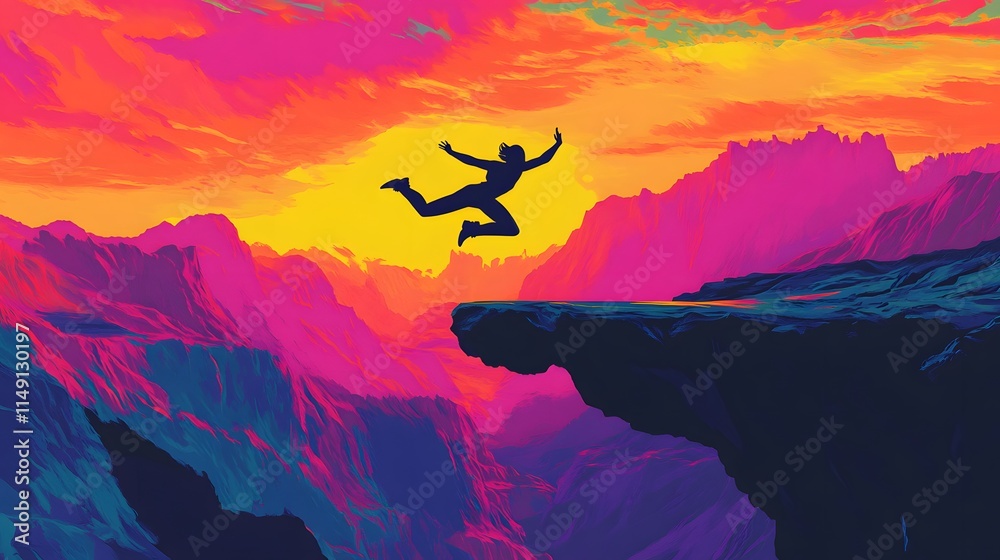 Silhouette of a person leaping from a clifftop into a vibrant sunset Silhouette of a person leaping from a clifftop into a vibrant sunset