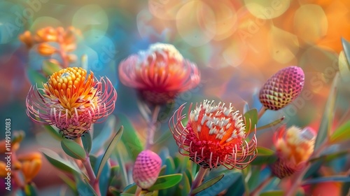 Vibrant Leucospermum Flowers in a Garden photo