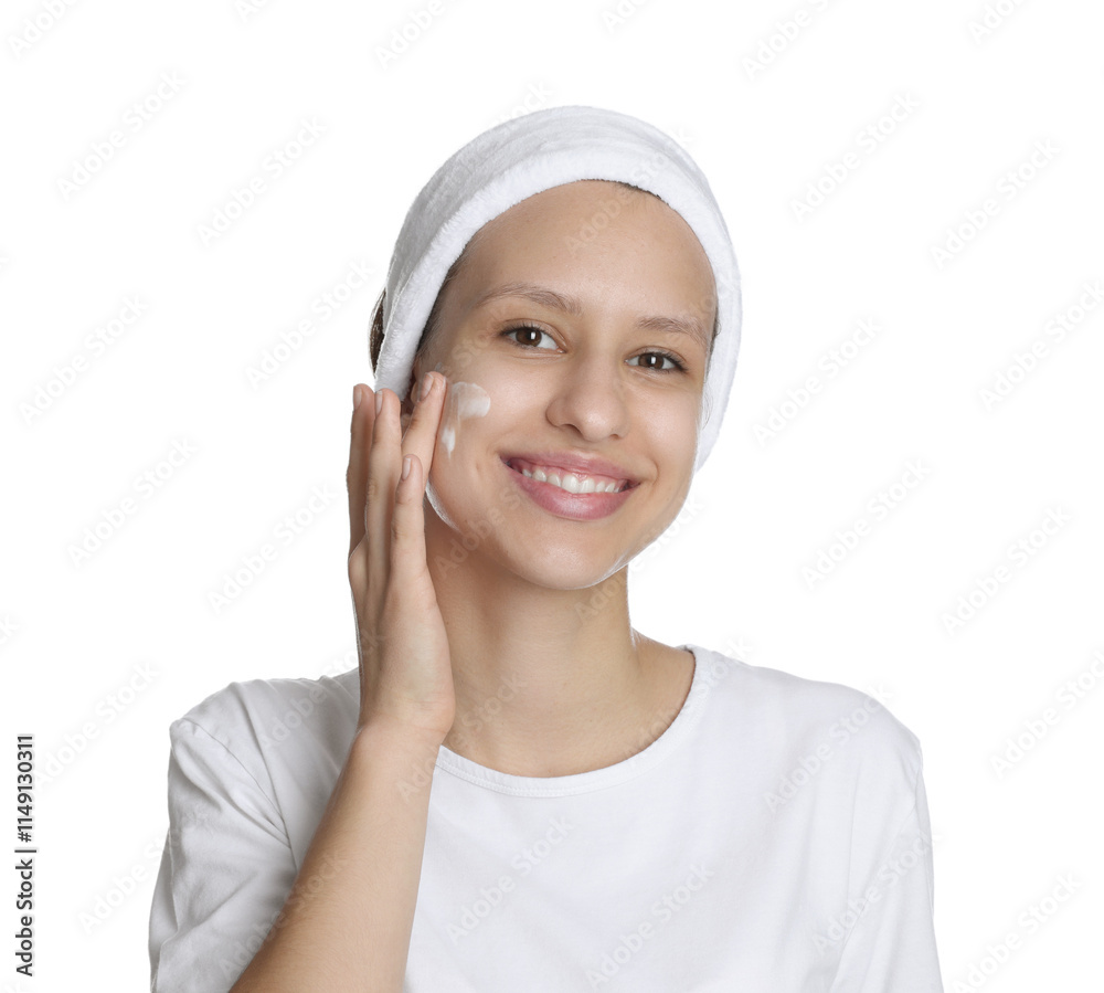 Teenage girl with acne problem applying cream on white background Teenage girl with acne problem applying cream on white background