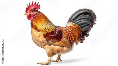 Side view full body length portrait of rooster isolated on white background. domestic chicken farm animal bird, rural nature livestock with beak and feather, one cockerel standing, brown, red. photo