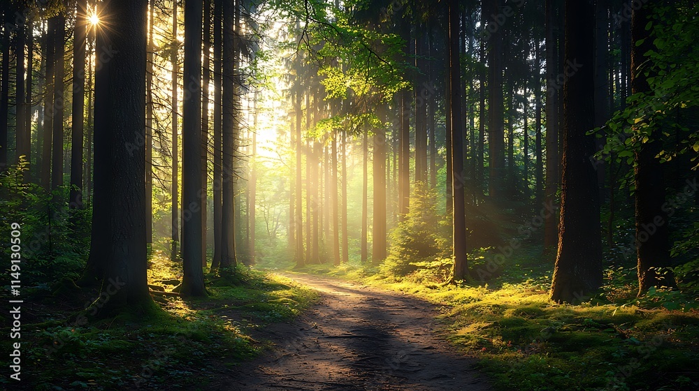 Fototapeta premium Sunbeams illuminate a path through a misty, green forest at dawn.