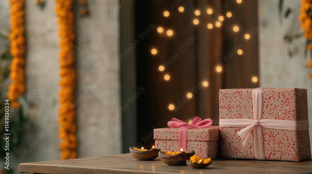 Intricately wrapped gift boxes rest on polished wooden table. Diwali decorations like marigold garlands, fairy lights create festive atmosphere behind gifts. Decorative items, gifts beautifully Intricately wrapped gift boxes rest on polished wooden table. Diwali decorations like marigold garlands, fairy lights create festive atmosphere behind gifts. Decorative items, gifts beautifully