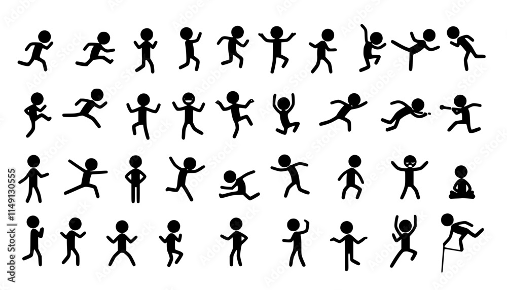 Naklejka premium Stickman icons. Stick figures black silhouettes showing various poses and gestures, running, meditating and jumping. Ideal for infographics, design and app interfaces. Minimalist vector illustration