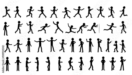 Stickman icons. Stick figures black silhouettes showing various poses and gestures, running, meditating and jumping. Ideal for infographics, design and app interfaces. Minimalist vector illustration