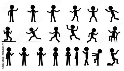 Stickman icons. Stick figures black silhouettes showing various poses and gestures, running, meditating and jumping. Ideal for infographics, design and app interfaces. Minimalist vector illustration