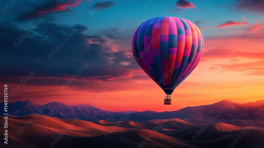 Fototapeta premium Colorful Hot Air Balloon Soaring Above Vibrant Desert Landscape at Sunset with Stunning Cloudy Sky