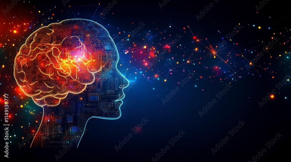 A digital brain and human head outline crafted from circuit board elements, seamlessly connected on a dark blue background, showcasing the concept of artificial intelligence (AI) and electronic brain. A digital brain and human head outline crafted from circuit board elements, seamlessly connected on a dark blue background, showcasing the concept of artificial intelligence (AI) and electronic brain.