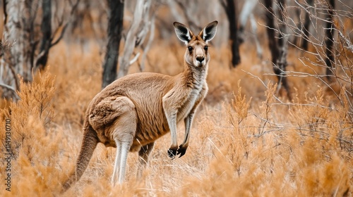 Red kangaroo standing in dry grass, Australian outback.