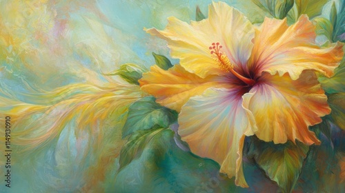 Yellow hibiscus flower painting with soft background.