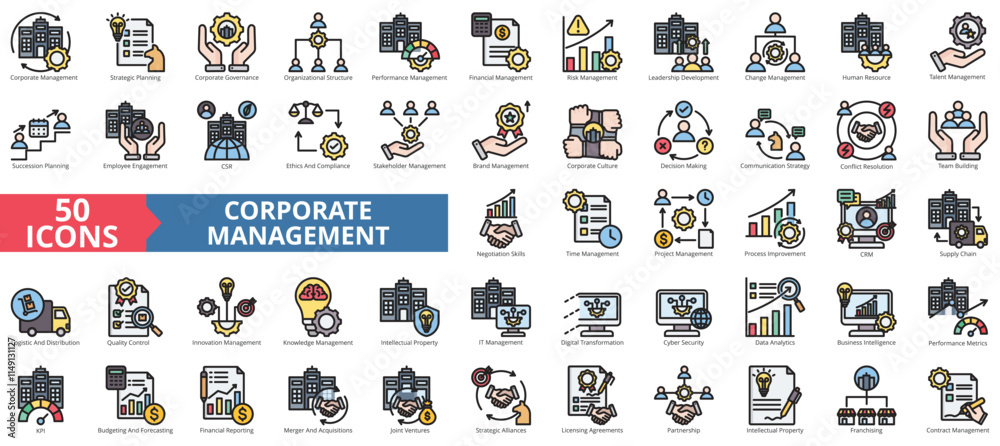 Naklejka premium Corporate management icon collection set. Containing business, financial, process, team building, project, innovation, brand icon. Simple flat outline vector illustration