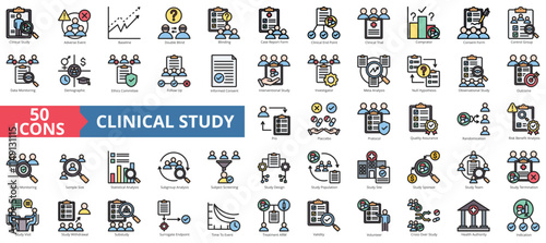 Clinical study icon collection set. Containing adverse event, baseline, double blind, blinding, case report form, endpoint, clinical trial icon. Simple flat outline vector illustration