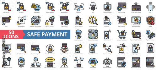 Safe payment icon collection set. Containing encryption, tokenization, fraud detection, authentication, biometric, ssl, payment gateway icon. Simple flat outline vector illustration photo