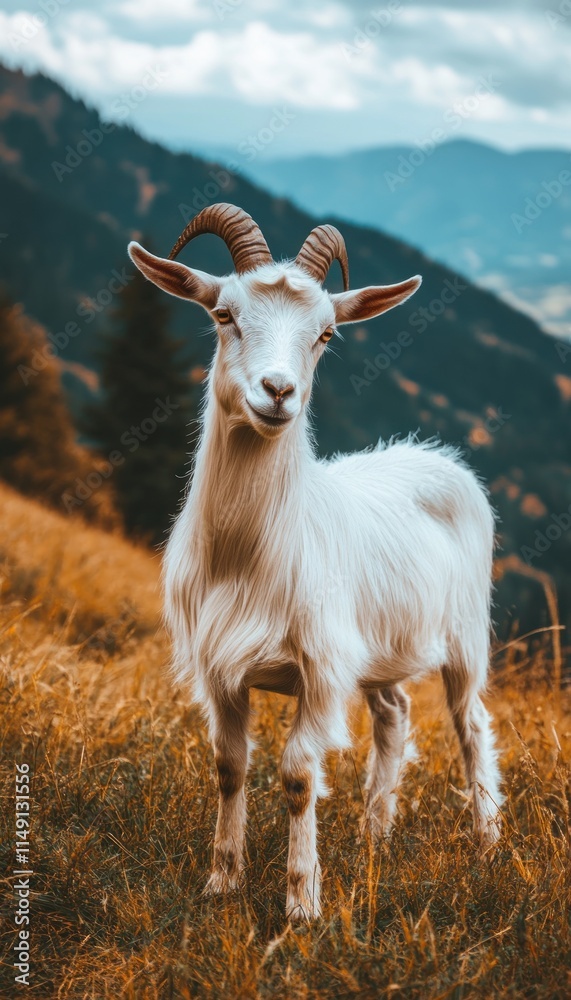 A white goat stands in a grassy field with mountains in the background.