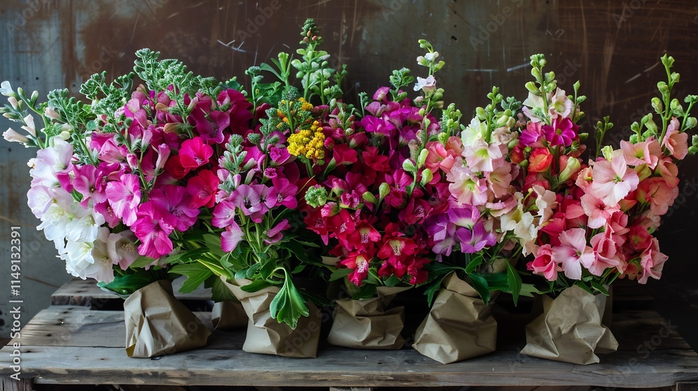 Obraz premium Vibrant Bouquet of Colorful Flowers in Rustic Setting