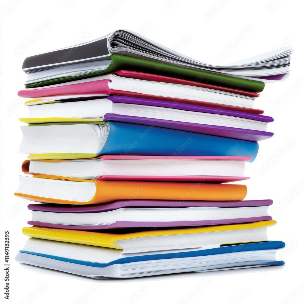 A stack of glossy magazines with colorful covers on a white background A stack of glossy magazines with colorful covers on a white background