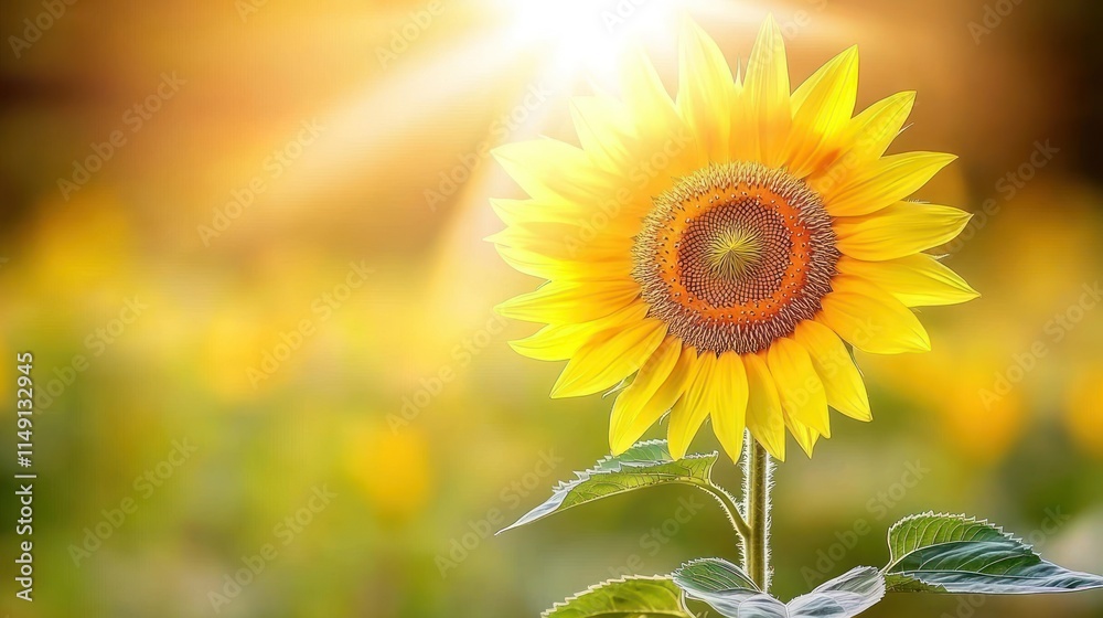 Fototapeta premium Sunlit sunflower in a field at sunset.