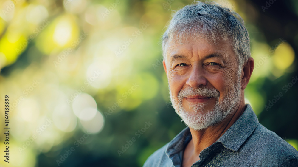 Portrait of smiling senior man enjoying sunny day in park. Ideal for promotions with space for text or ads Portrait of smiling senior man enjoying sunny day in park. Ideal for promotions with space for text or ads