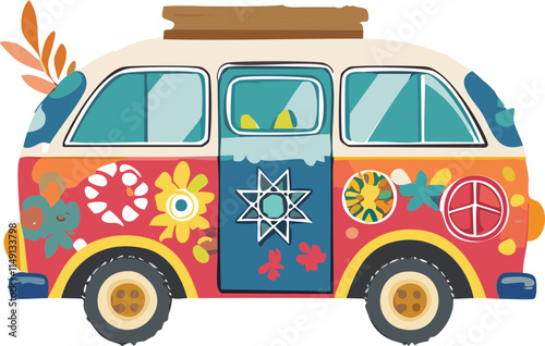 A vintage van is adorned with colorful floral and geometric patterns, giving it a vibrant and cheerful appearance. Its whimsical design captures a retro, bohemian spirit.