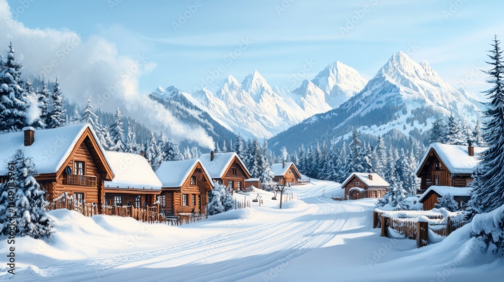 Serene Winter Village Surrounded by Majestic Mountains Under a Clear Blue Sky and Fresh Snow Serene Winter Village Surrounded by Majestic Mountains Under a Clear Blue Sky and Fresh Snow