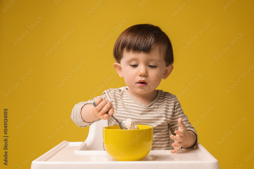 Cute little kid eating healthy baby food from bowl in high chair on yellow background Cute little kid eating healthy baby food from bowl in high chair on yellow background