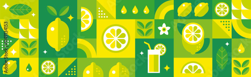 Lemons. Abstract geometric seamless pattern with citrus fruits, leaves and slices.Set of icons in simple flat style. Elements isolated on a white background. Organic food. Vector illustration.