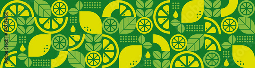 Lemons. Abstract geometric seamless pattern with citrus fruits, leaves and slices.Set of icons in simple flat style. Elements isolated on a white background. Organic food. Vector illustration.