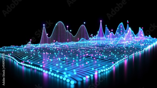 Blue and purple wave equalizer lines illustrating AI and deep learning, with neural networks connecting data points, showcasing the powerful capabilities of artificial intelligence.