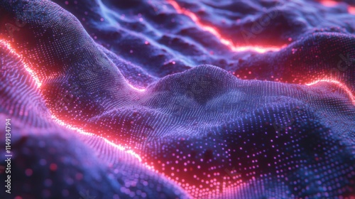 Digital illustration of artificial intelligence, deep learning, and neural networks, with wave equalizer effects in blue and purple, capturing the futuristic essence of AI technology.