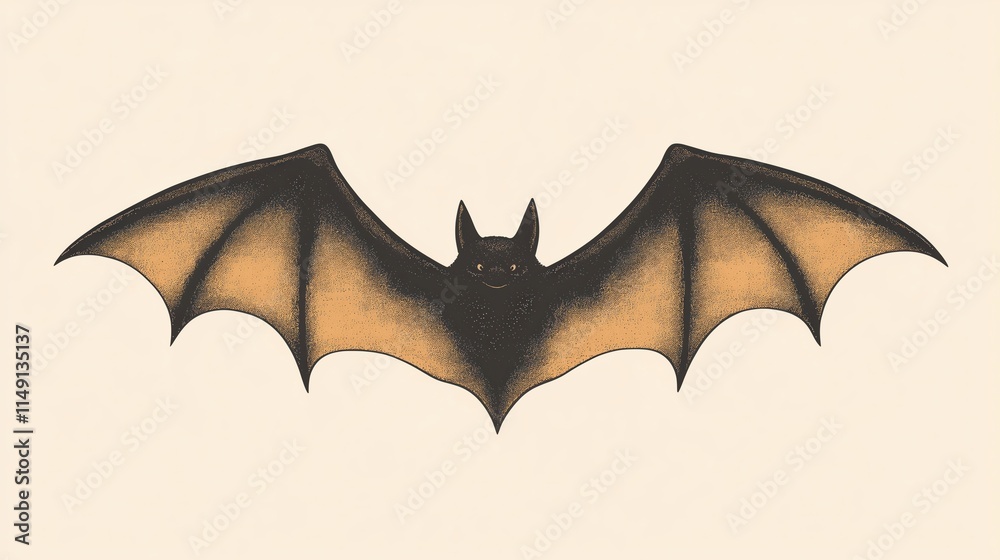 Fototapeta premium Detailed Illustration of Bat with Fully Spread Wings on Beige Background Reflecting Intricate Wing Structure Ideal for Nature Enthusiasts, Halloween Designs, and Wildlife Education