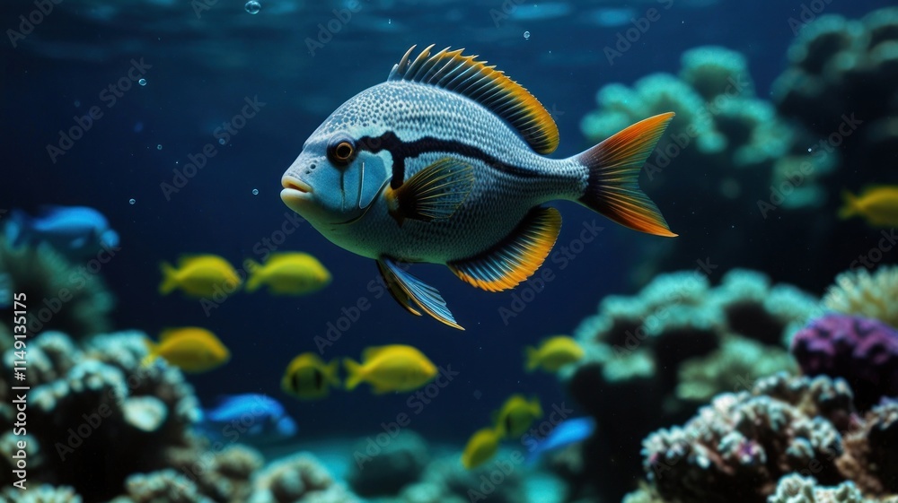 Vibrant coral reef fish swimming in aquarium. Vibrant coral reef fish swimming in aquarium.