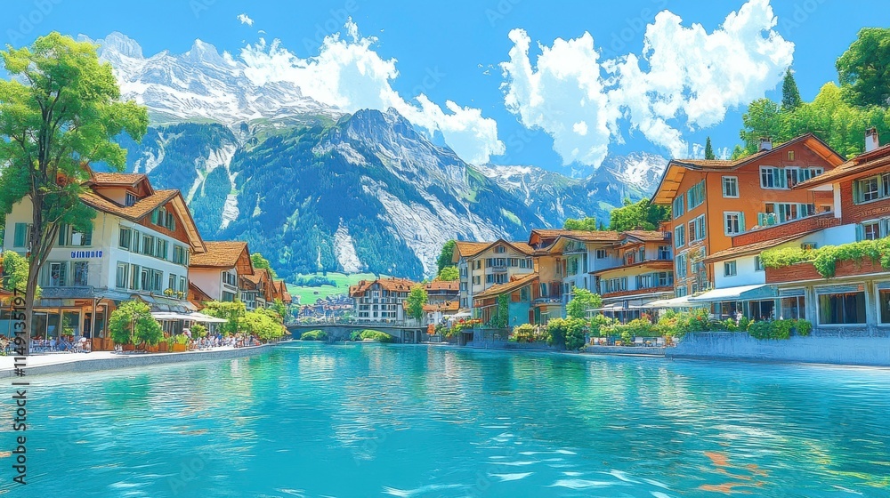 Naklejka premium Serene panorama of the Areuse River flowing through the NeuchÃ¢tel Jura in Switzerland, with scenic hills, forests, and calm waters reflecting the peaceful atmosphere of the region.