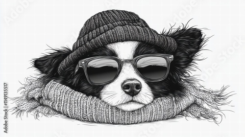 Stylish canine portrait featuring a cool dog wearing sunglasses and a knitted hat with a cozy scarf, ideal for pet lovers and fashion enthusiasts alike. photo