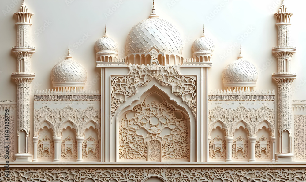 Fototapeta premium Intricate architectural relief of a mosque with domes and minarets.