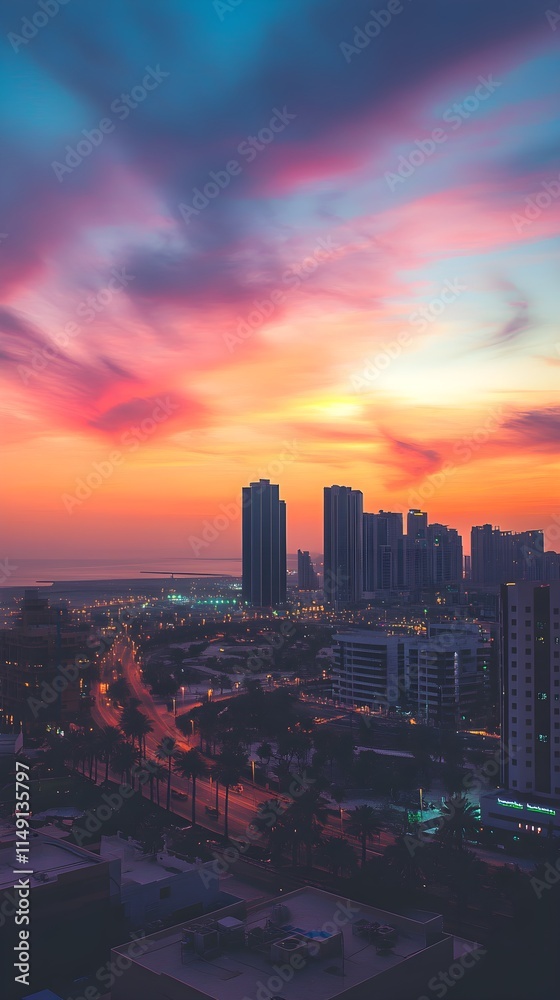 Fototapeta premium Breathtaking Aerial View of Ajman Skyline at Sunset Capturing Vibrant Colors and City Life Illuminated by Warm Sunset Hues and Modern Architecture
