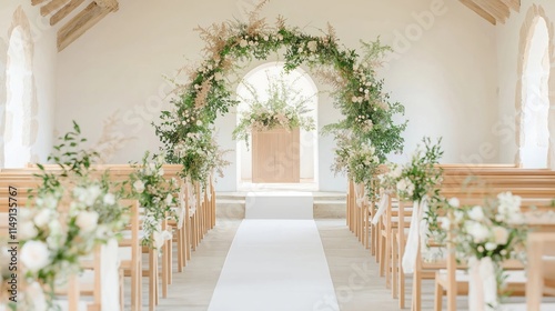 Serene wedding chapel aisle with floral arrangements, green plants decor. Elegant, rustic wedding ceremony venue. Wooden chairs, white aisle runner create peaceful atmosphere. Fresh flowers, greenery